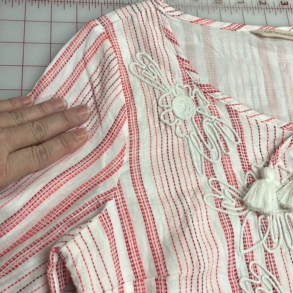 SOFT SURROUNDINGS Coastal Cottage Striped Embroidered Floral Tassel Tie Blouse M - Picture 6 of 16